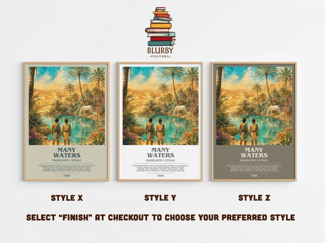 Many Waters bookish print in frame leaning in hallway – fantasy wall art (mockup)
