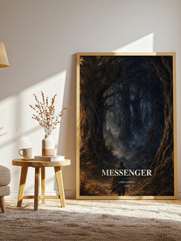 Messenger watercolour print in frame leaning in hallway – dystopian wall art