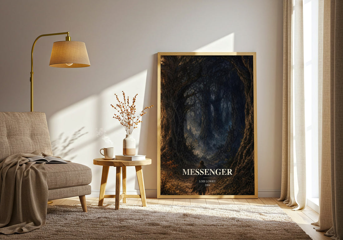 Messenger watercolour print in frame leaning in hallway – dystopian wall art (mockup)