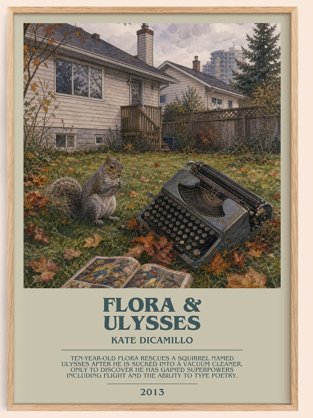 Flora & Ulysses bookish book poster by Kate DiCamillo – framed literary art print