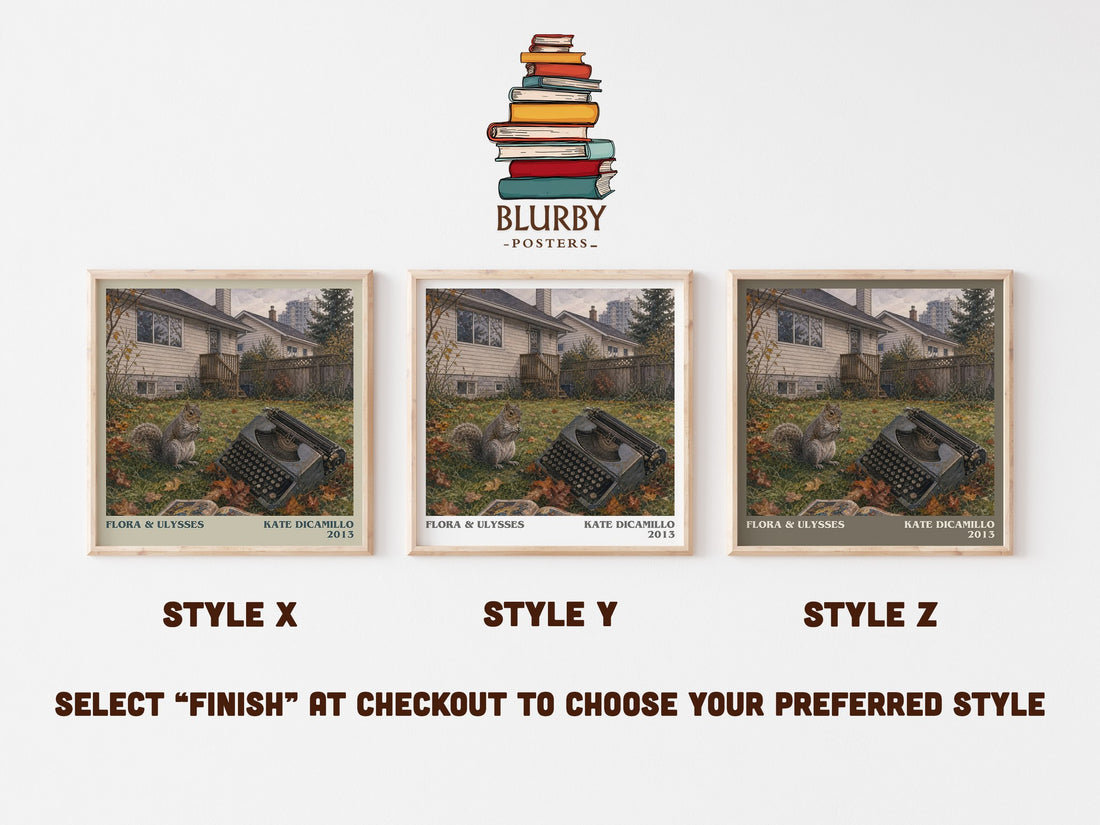 Flora & Ulysses literary print in frame leaning in hallway – childrens wall art (mockup)