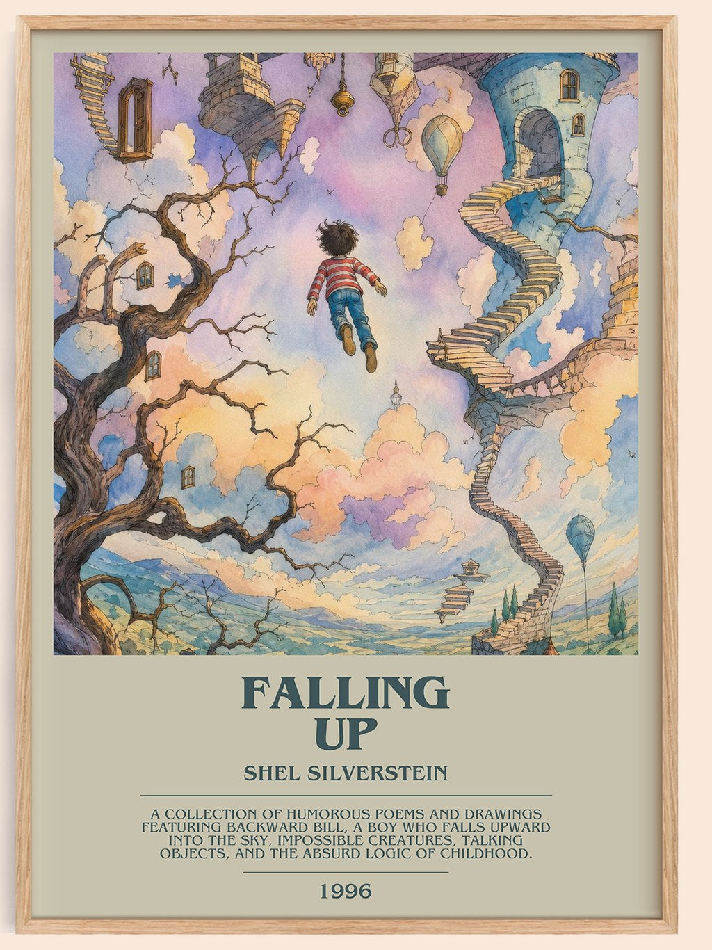 Falling Up bookish book poster by Shel Silverstein – framed literary art print