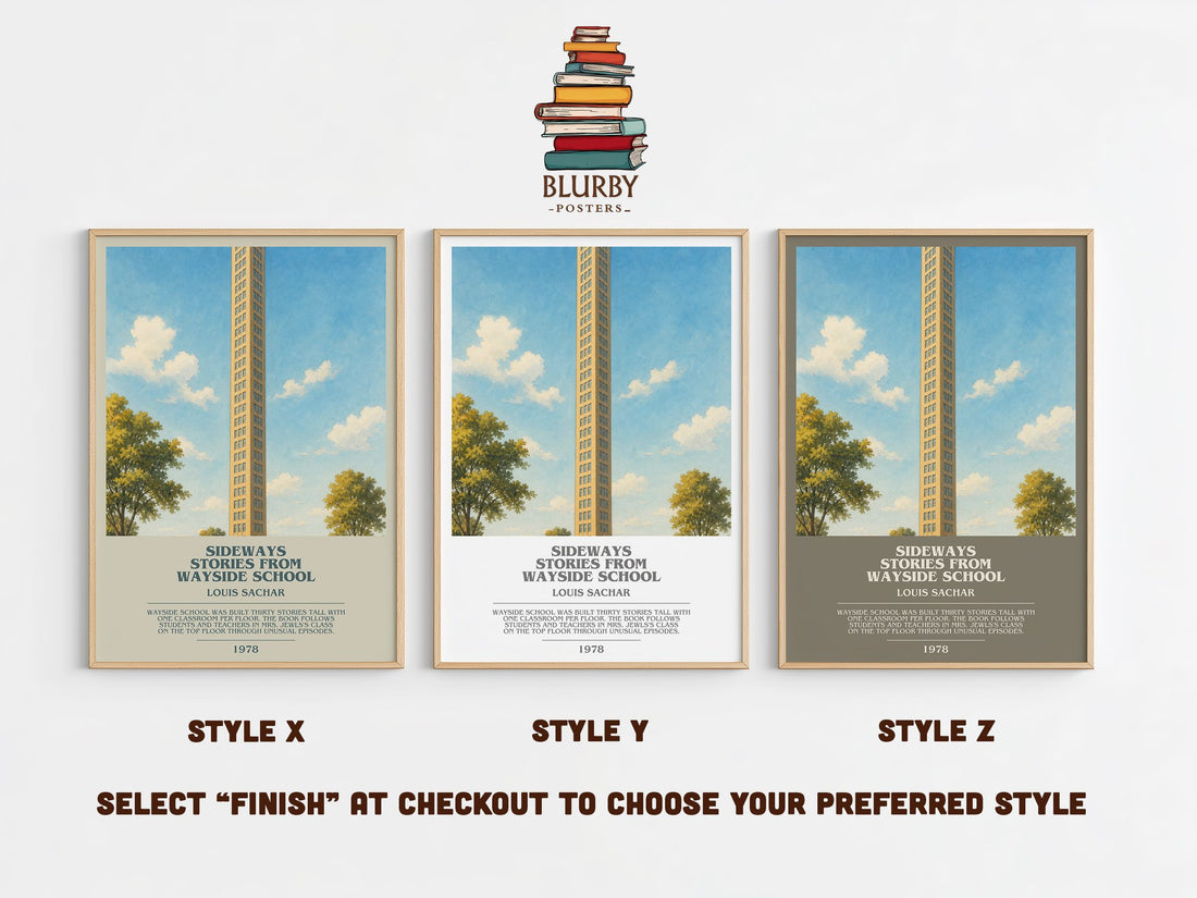 Sideways Stories from Wayside School bookish print in frame leaning in hallway – childrens wall art (mockup)