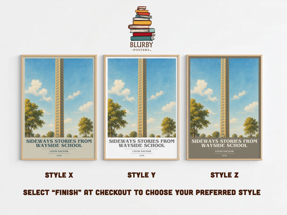 Sideways Stories from Wayside School book cover print in frame leaning in hallway – childrens wall art (mockup)