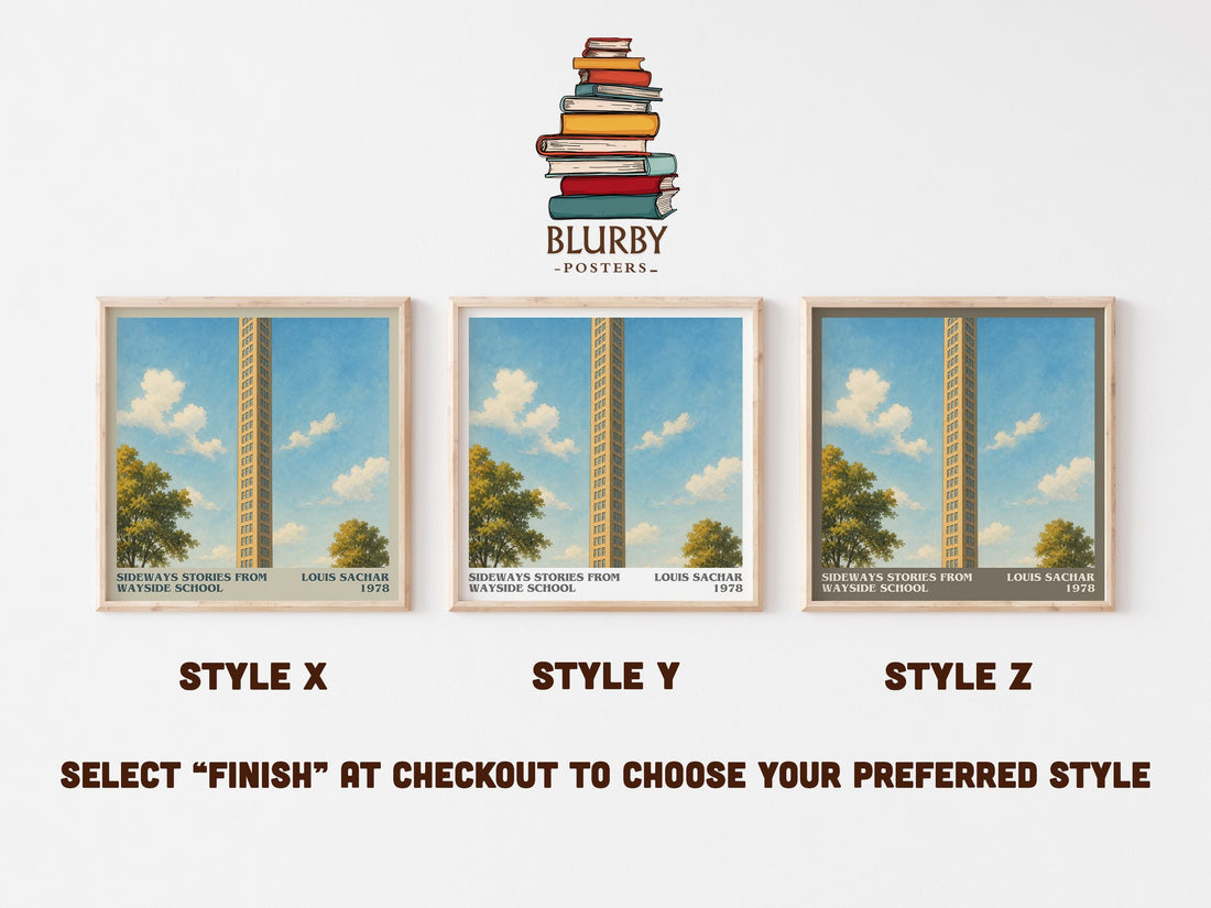 Sideways Stories from Wayside School literary print in frame leaning in hallway – childrens wall art (mockup)