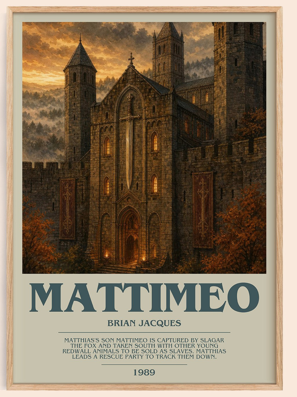 Mattimeo bookish book poster by Brian Jacques – framed literary art print