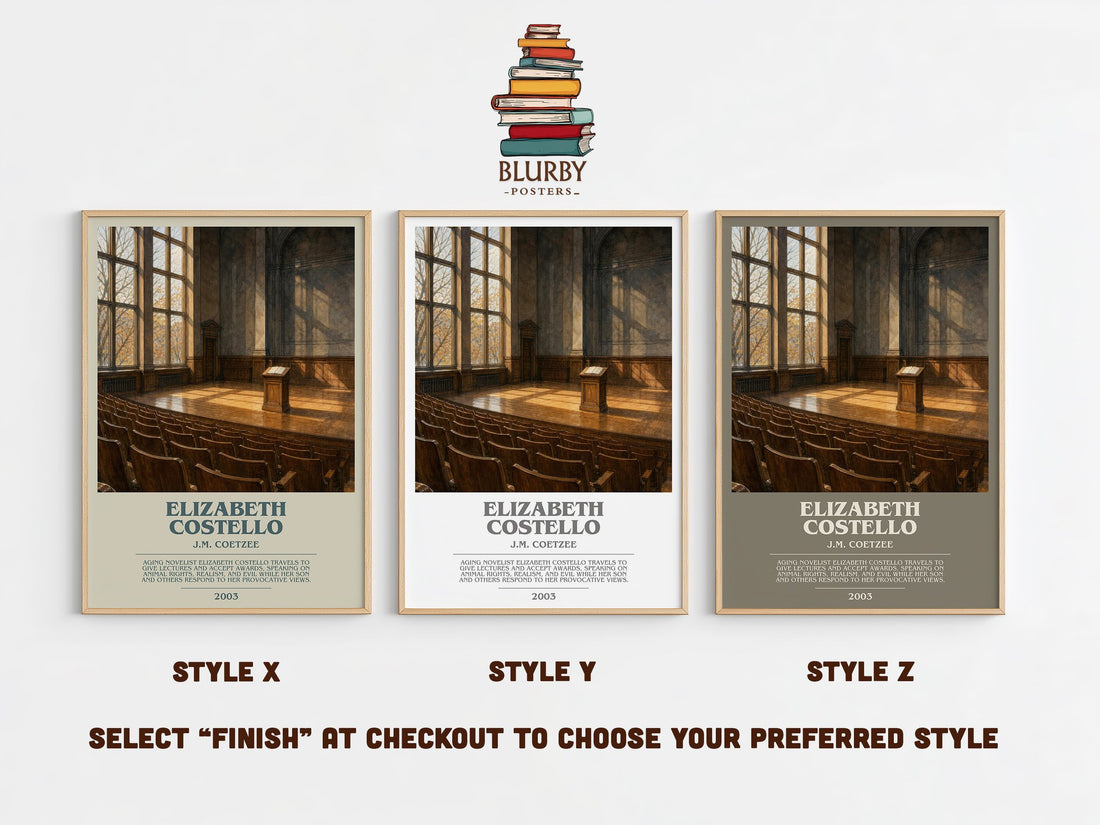 Elizabeth Costello bookish print in frame leaning in hallway – literary fiction wall art (mockup)