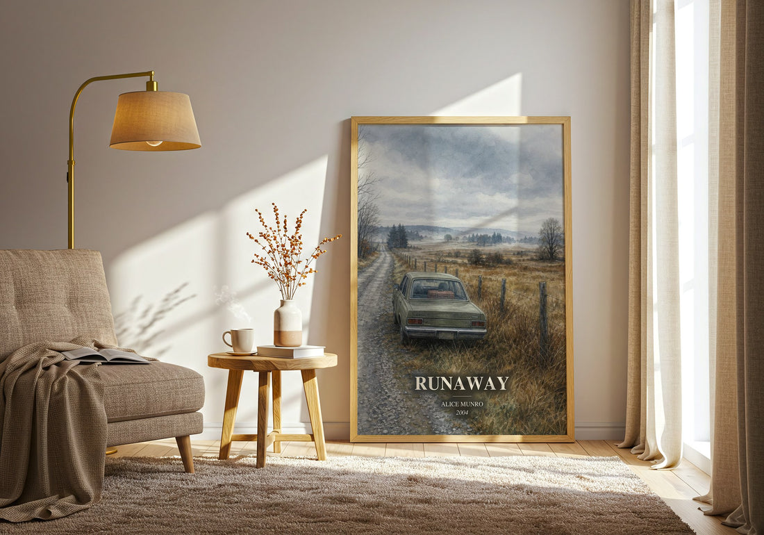 Runaway watercolour print in frame leaning in hallway – literary fiction wall art (mockup)