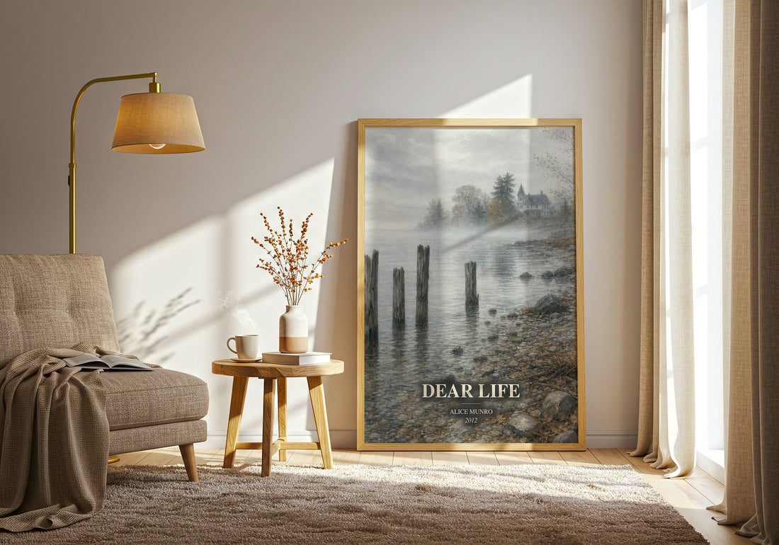 Dear Life watercolour print in frame leaning in hallway – literary fiction wall art (mockup)