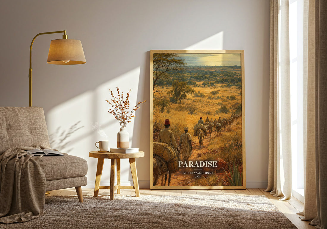 Paradise watercolour print in frame leaning in hallway – literary fiction wall art (mockup)