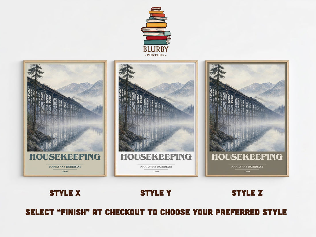 Housekeeping book cover print in frame leaning in hallway – literary fiction wall art (mockup)