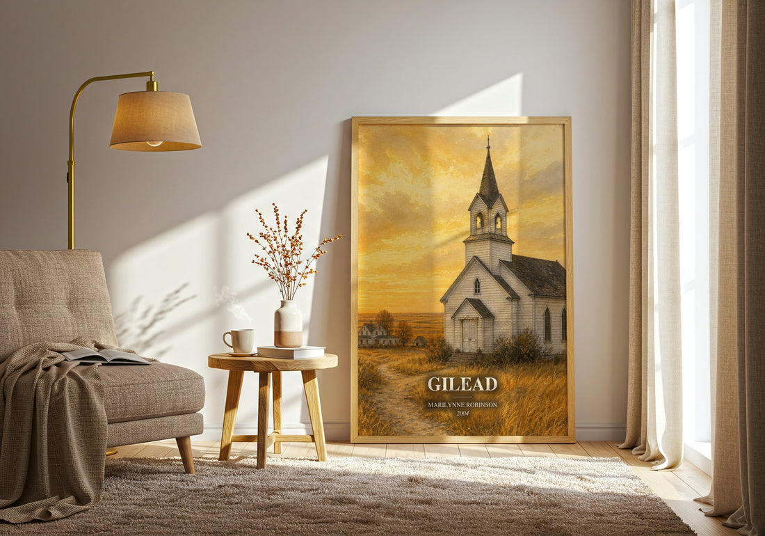 Gilead watercolour print in frame leaning in hallway – literary fiction wall art (mockup)