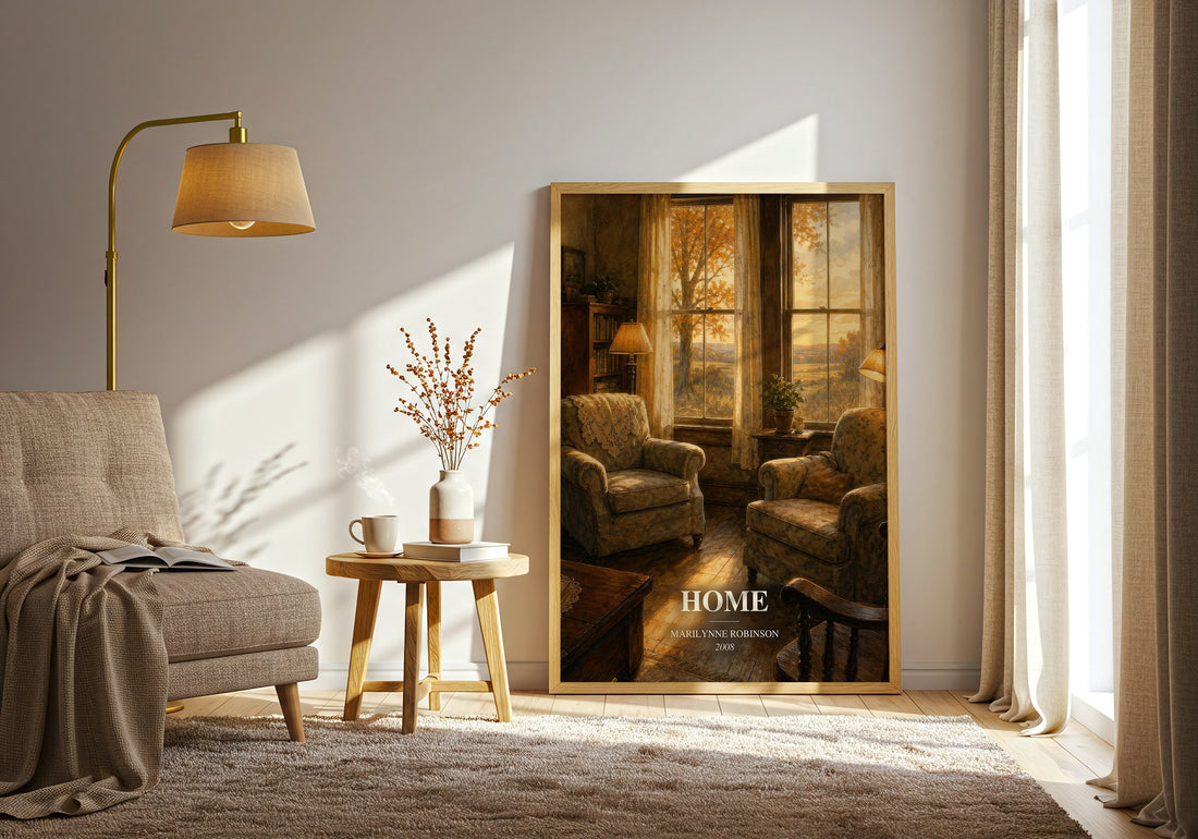 Home watercolour print in frame leaning in hallway – literary fiction wall art (mockup)