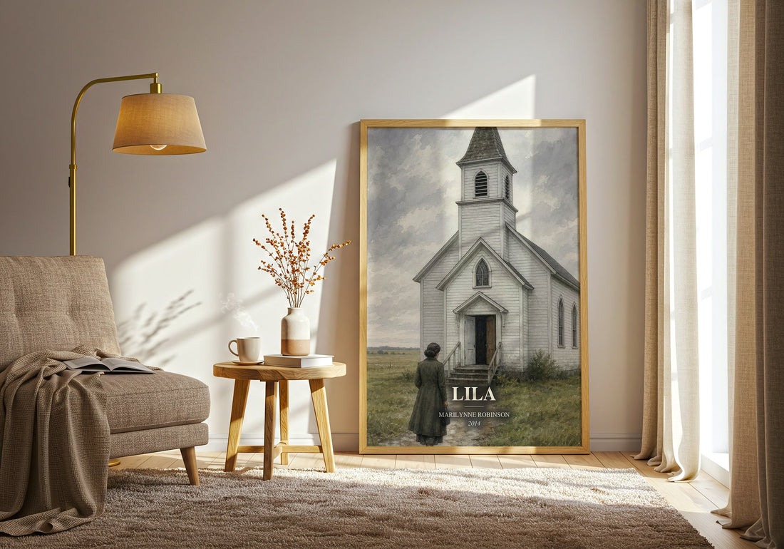 Lila watercolour print in frame leaning in hallway – literary fiction wall art (mockup)