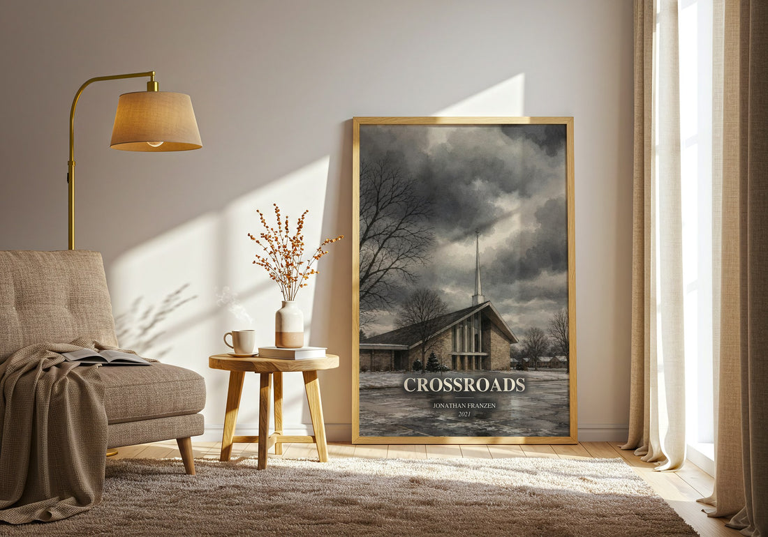 Crossroads watercolour print in frame leaning in hallway – literary fiction wall art (mockup)