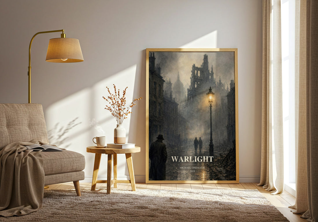 Warlight watercolour print in frame leaning in hallway – literary fiction wall art (mockup)