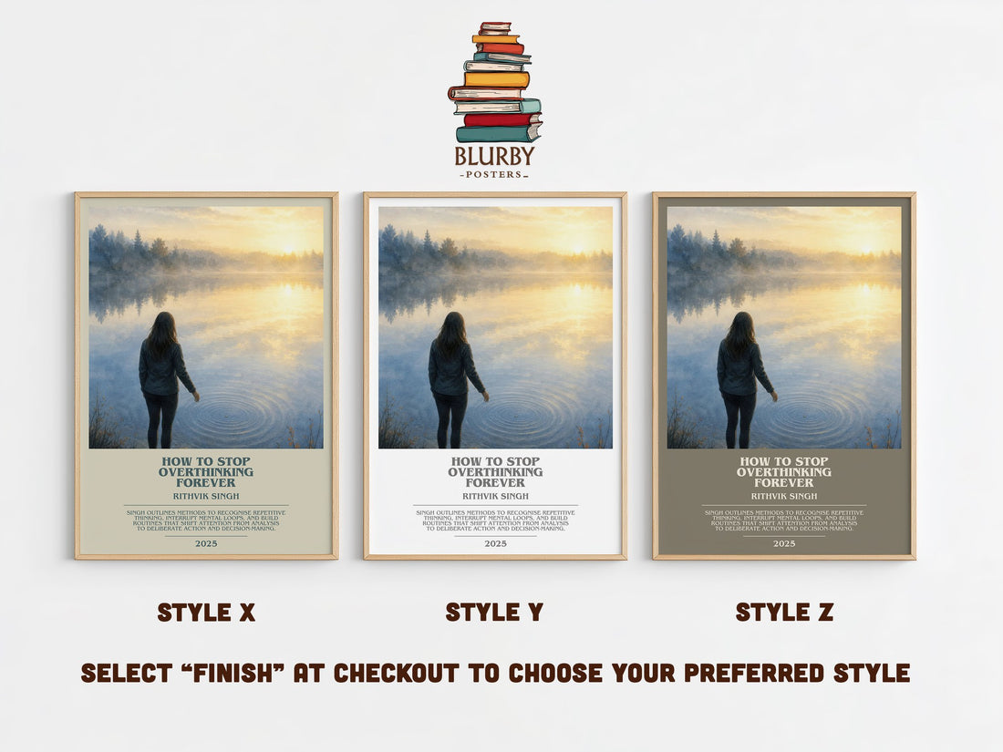 How To Stop Overthinking Forever bookish print in frame leaning in hallway – non fiction wall art (mockup)