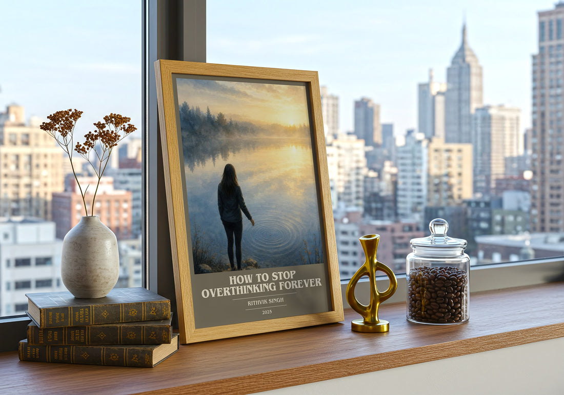 How To Stop Overthinking Forever book cover print framed by window – literary home decor