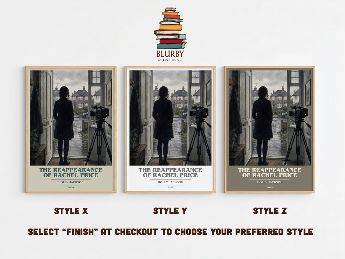 The Reappearance of Rachel Price book cover print in frame leaning in hallway – thriller wall art (mockup)