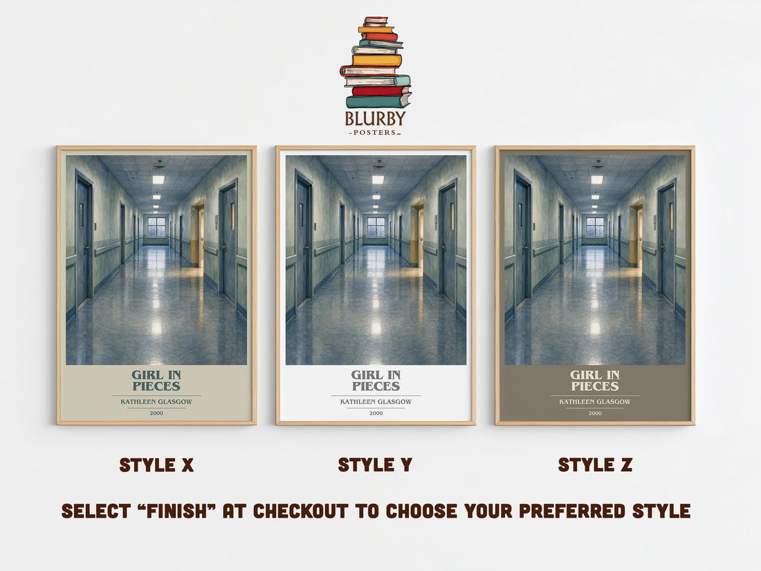 Girl in Pieces book cover print in frame leaning in hallway – young adult wall art (mockup)