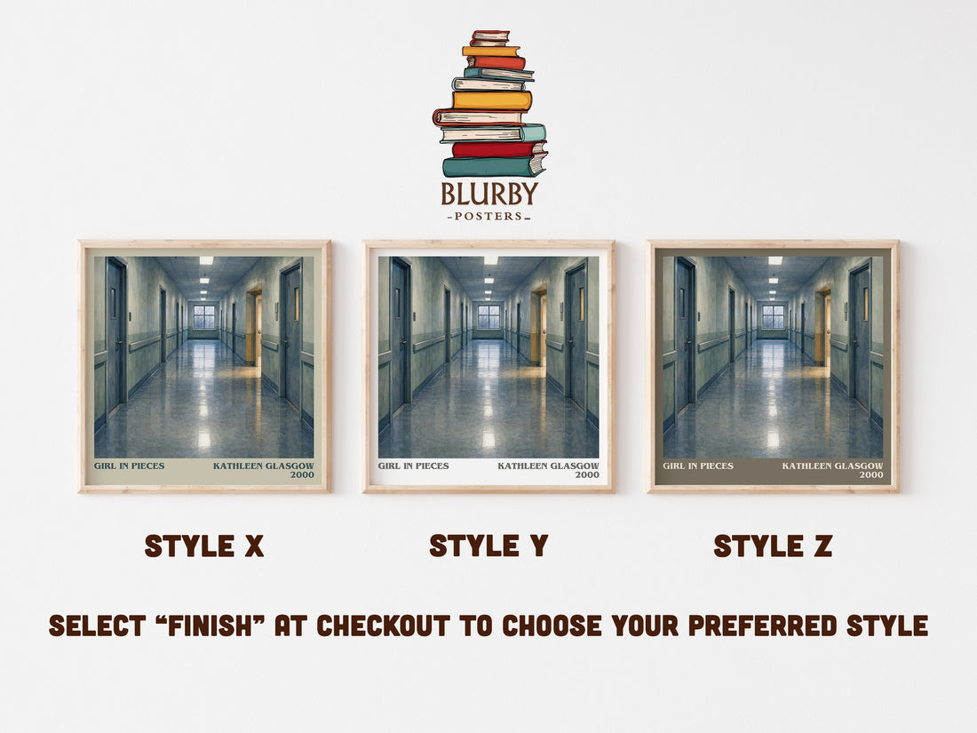 Girl in Pieces literary print in frame leaning in hallway – young adult wall art (mockup)