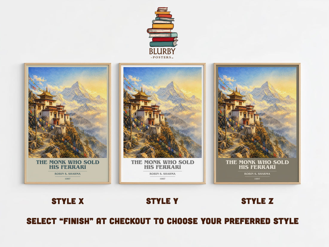 The Monk Who Sold His Ferrari book cover print in frame leaning in hallway – philosophy wall art (mockup)