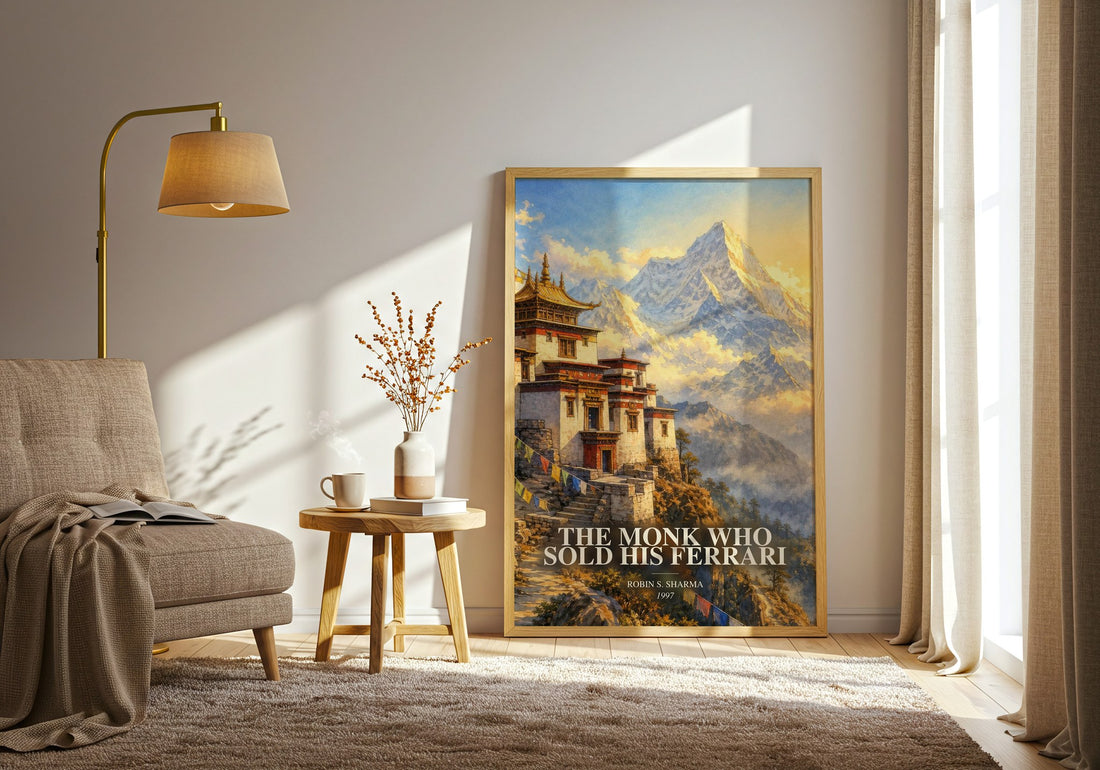 The Monk Who Sold His Ferrari watercolour print in frame leaning in hallway – philosophy wall art