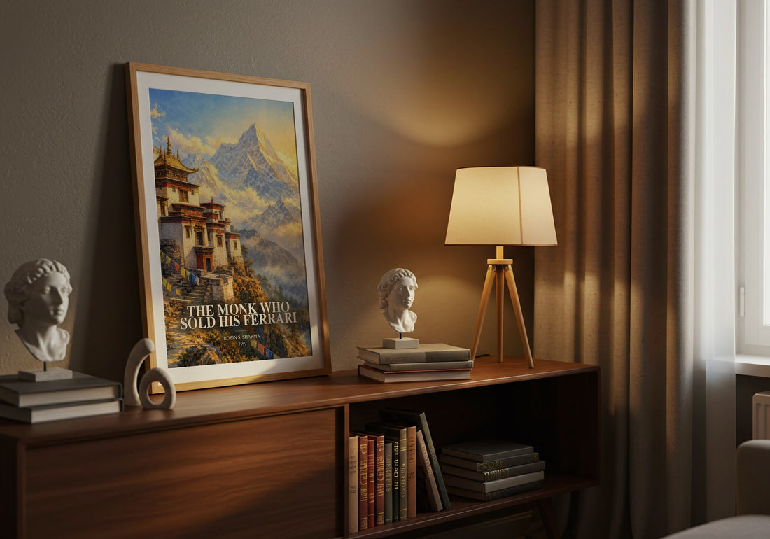 The Monk Who Sold His Ferrari watercolour print on bookshelf – Robin S. Sharma fan gift