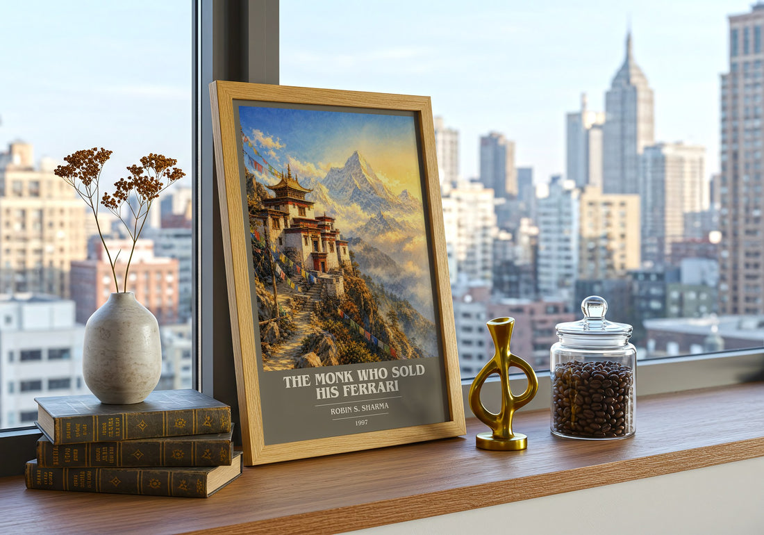 The Monk Who Sold His Ferrari book cover print framed by window – literary home decor