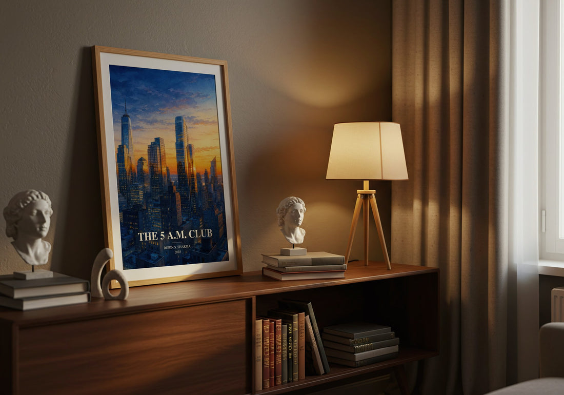 The 5 a.m. Club watercolour print on bookshelf – Robin S. Sharma fan gift