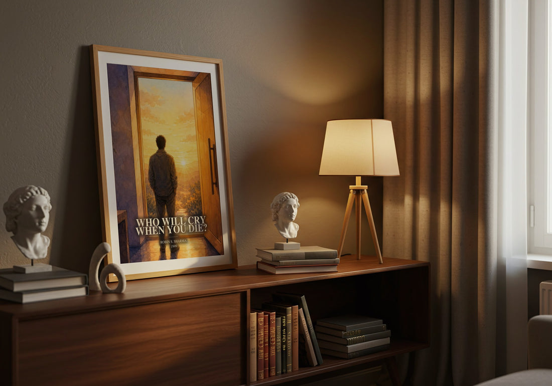 Who Will Cry When You Die? watercolour print on bookshelf – Robin S. Sharma fan gift
