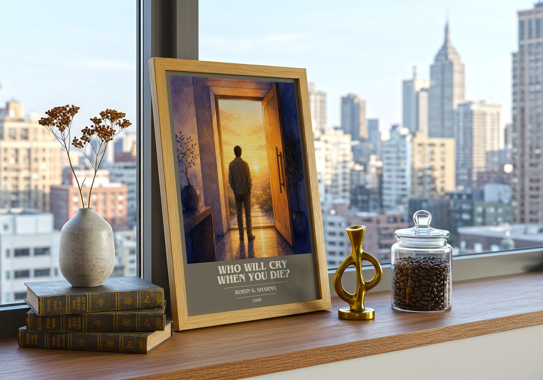 Who Will Cry When You Die? book cover print framed by window – literary home decor