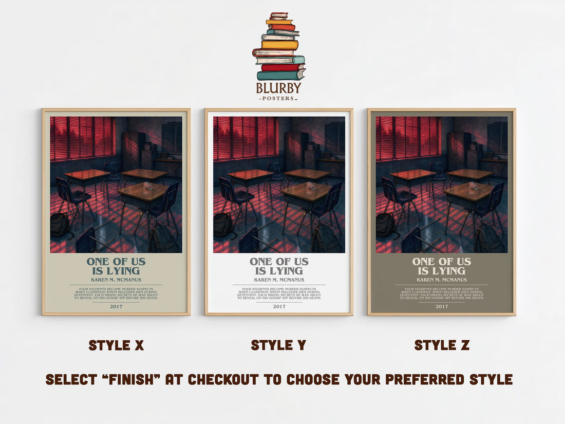 One Of Us Is Lying bookish print in frame leaning in hallway – mystery wall art (mockup)