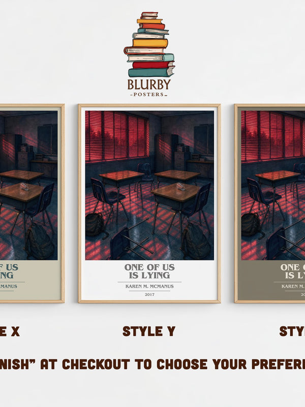 One Of Us Is Lying book cover print in frame leaning in hallway – mystery wall art
