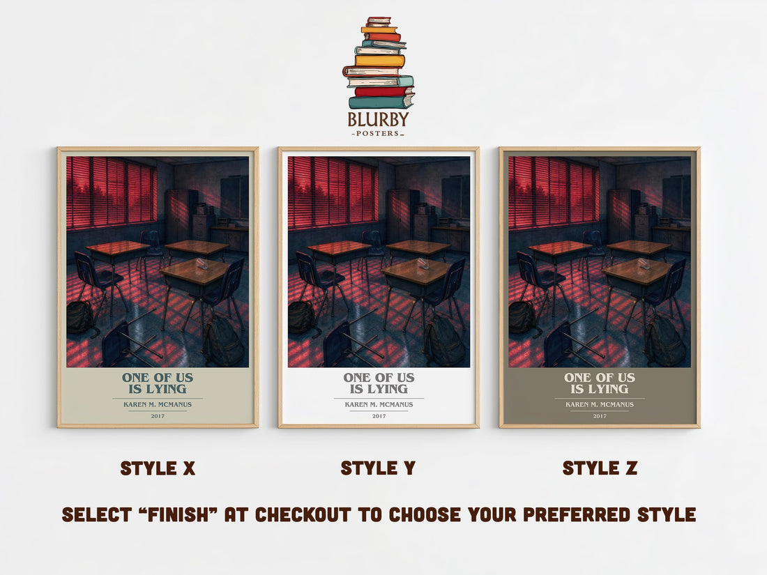 One Of Us Is Lying book cover print in frame leaning in hallway – mystery wall art (mockup)