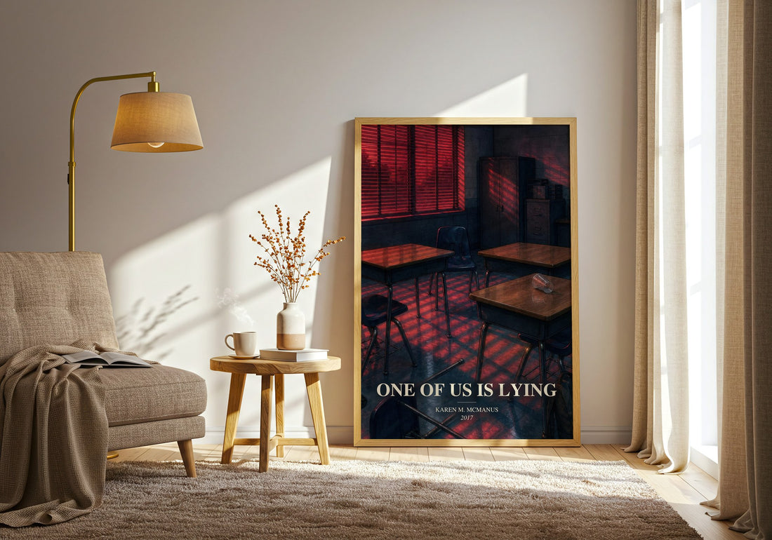One Of Us Is Lying watercolour print in frame leaning in hallway – mystery wall art