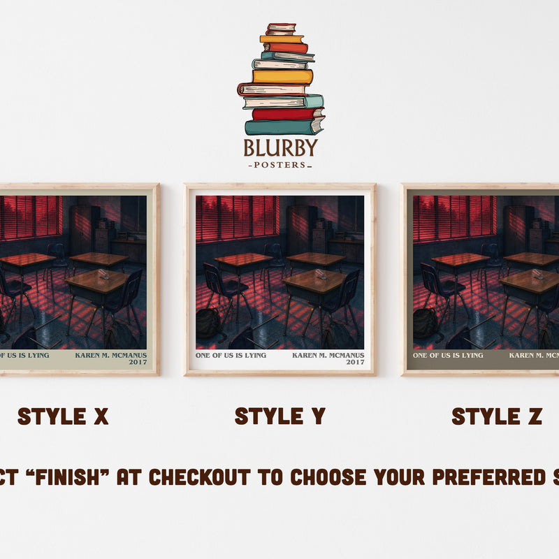 One Of Us Is Lying literary print in frame leaning in hallway – mystery wall art
