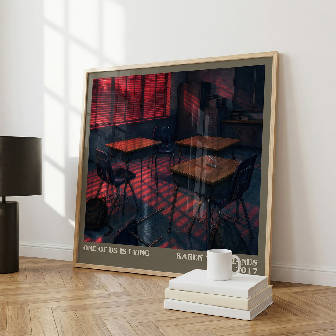 One Of Us Is Lying literary print framed by window – literary home decor