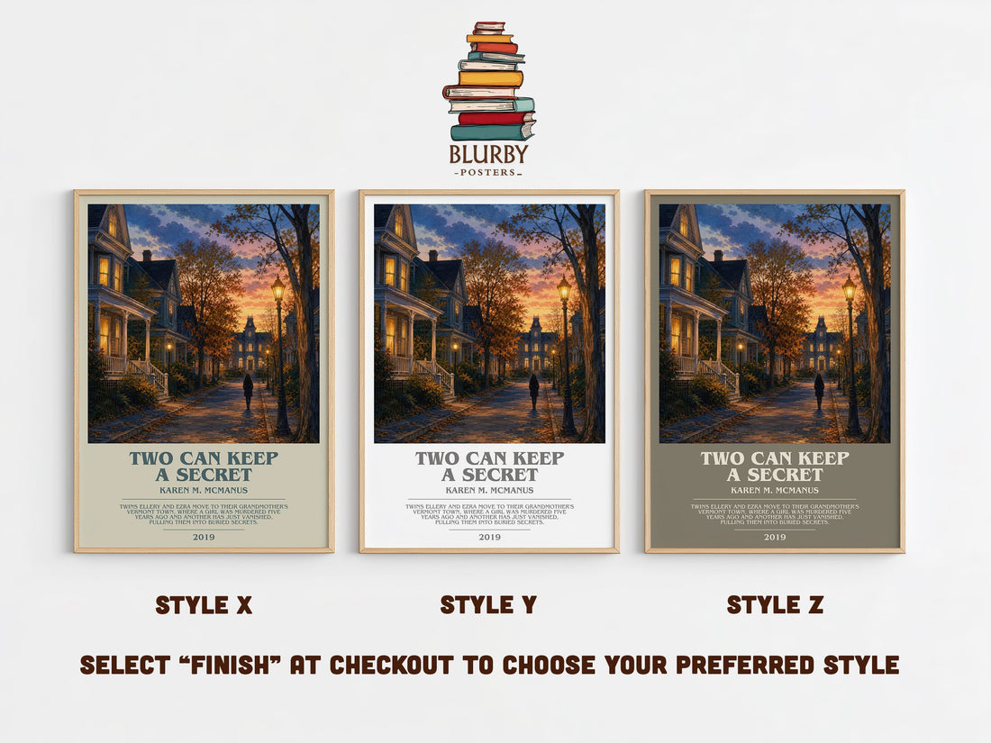 Two Can Keep a Secret bookish print in frame leaning in hallway – young adult wall art (mockup)