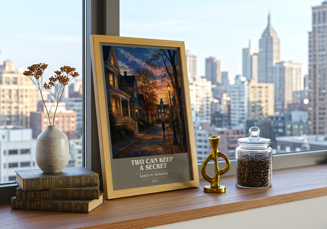 Two Can Keep a Secret book cover print framed by window – literary home decor