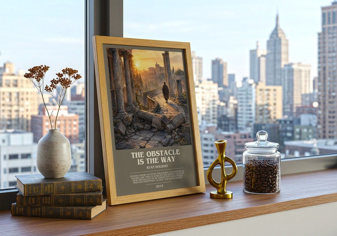 The Obstacle is the Way bookish print framed by window – literary home decor