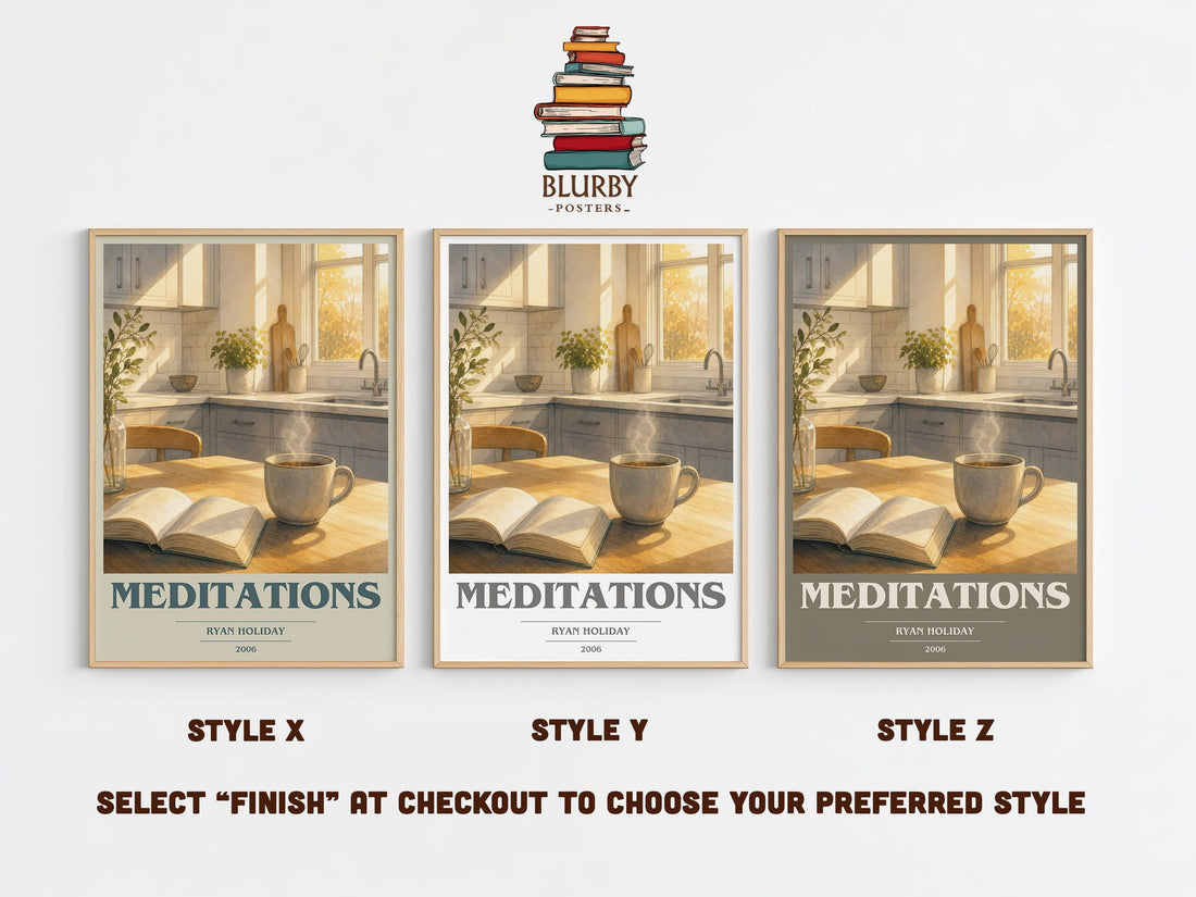 Meditations book cover print in frame leaning in hallway – philosophy wall art (mockup)