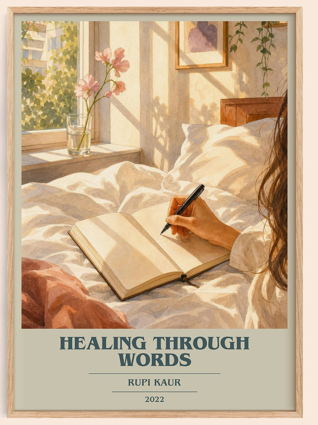 Healing Through Words book cover book poster by Rupi Kaur – framed literary art print