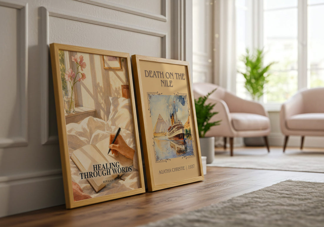 Healing Through Words watercolour print framed by window – literary home decor