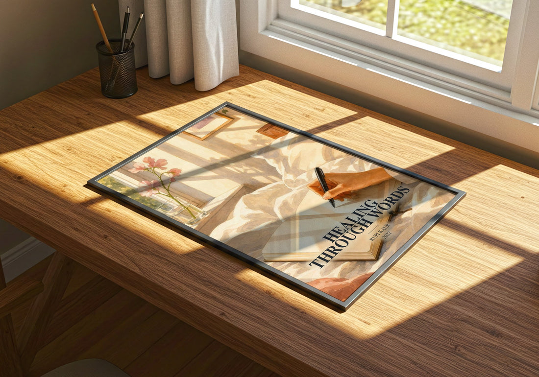 Healing Through Words watercolour book poster framed on wall – poetry wall art