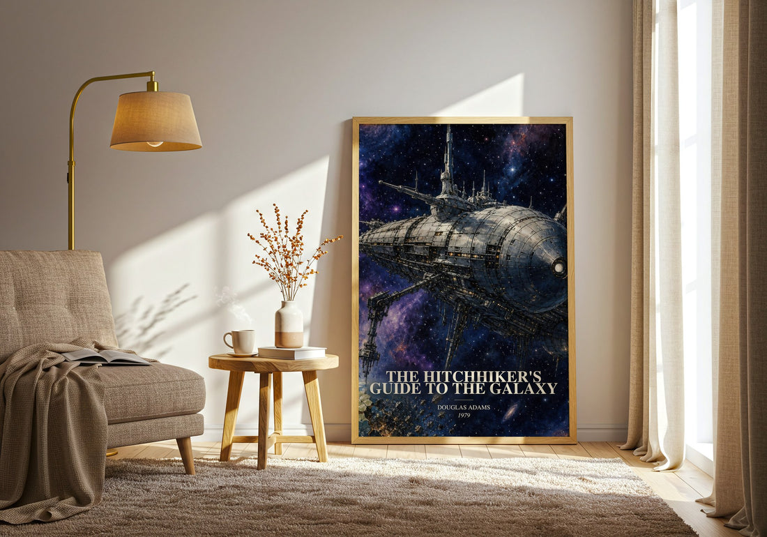 The Hitchhiker's Guide to the Galaxy watercolour print in frame leaning in hallway – sci fi wall art
