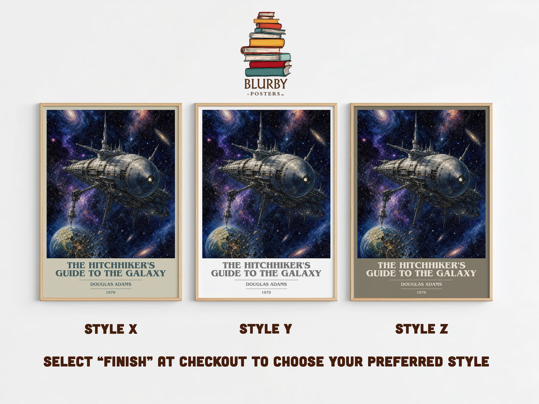 The Hitchhiker's Guide to the Galaxy book cover print in frame leaning in hallway – sci fi wall art (mockup)