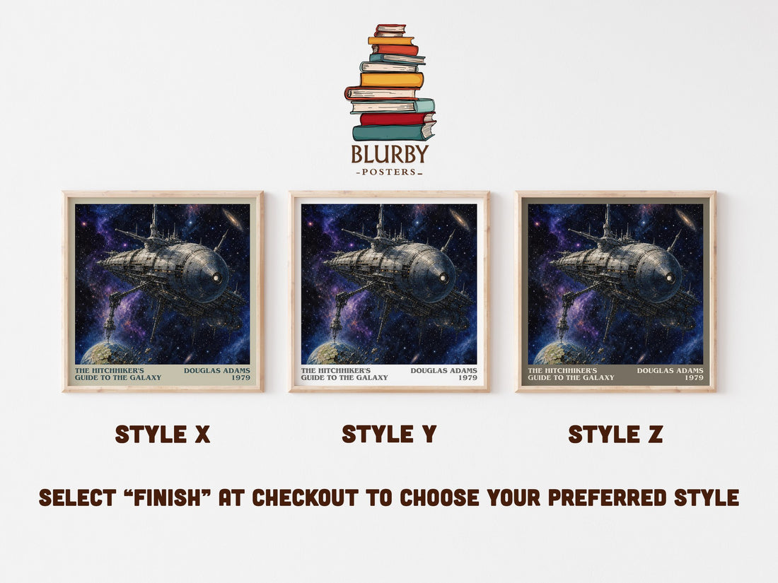 The Hitchhiker's Guide to the Galaxy literary print in frame leaning in hallway – sci fi wall art (mockup)