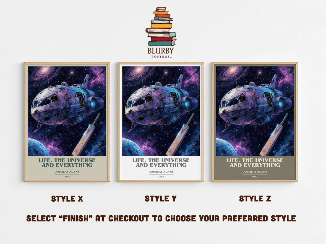 Life, the Universe and Everything book cover print in frame leaning in hallway – sci fi wall art (mockup)