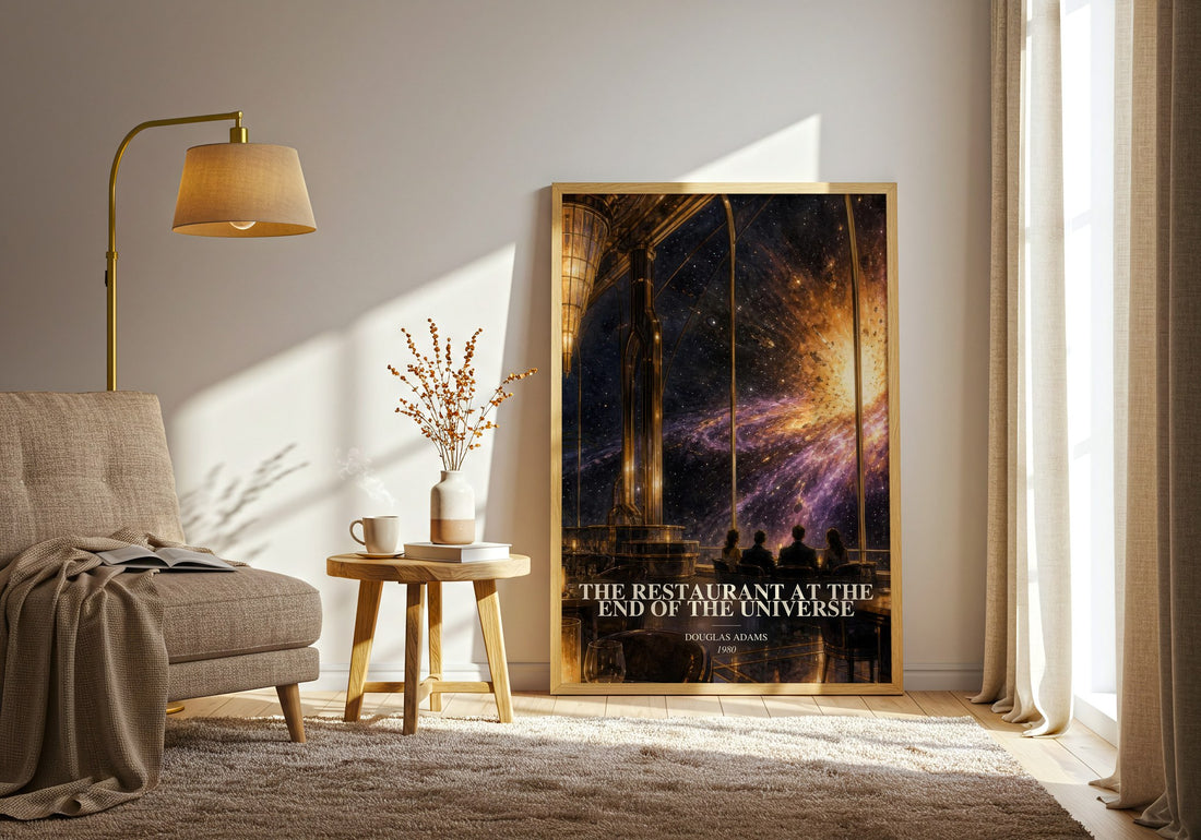 The Restaurant at the End of the Universe watercolour print in frame leaning in hallway – sci fi wall art